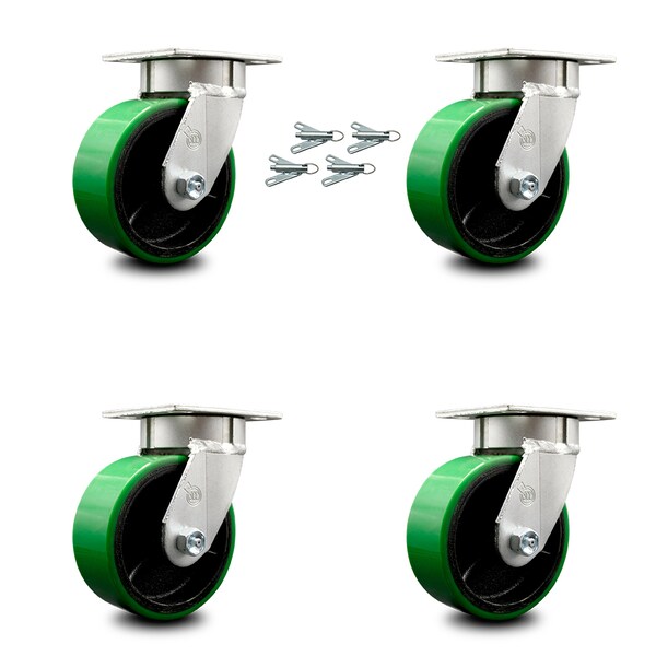 5 Inch Kingpinless Green Poly on Steel Wheel Swivel Caster Set with Swivel Lock